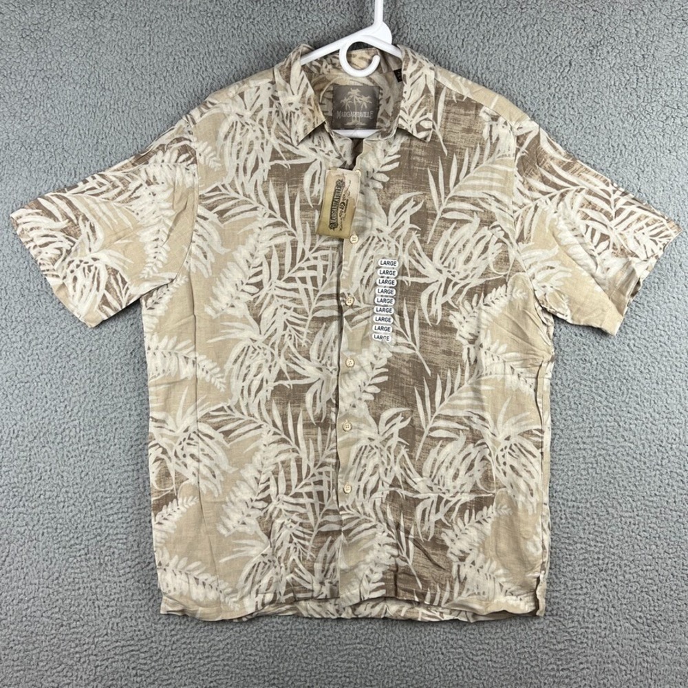 NWT Margaritaville Hawaiian Shirt Mens Large Silk Linen Blend Beige Sand
